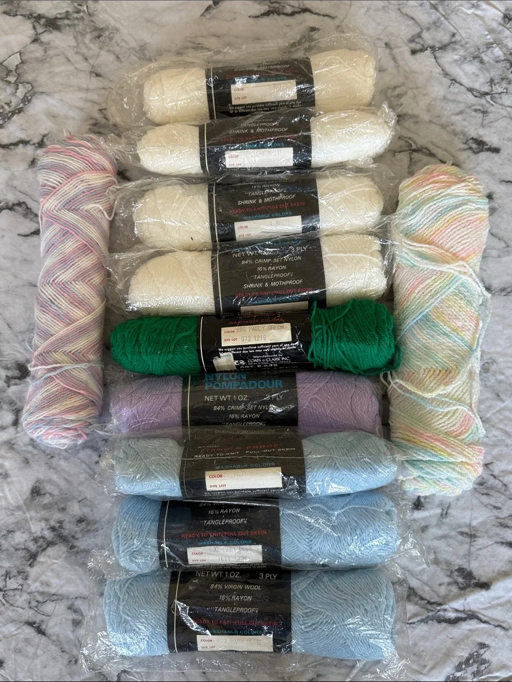 9 Skein Coats & Clark’s Baby Yarn +2 Variegated Skeins, 11 Total! Various Colors